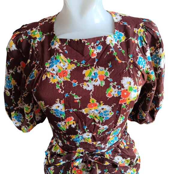 Vintage Dress sz 7 1970's Boho Plain Jane San Francisco Floral Puff Sleeve Belt - Picture 1 of 7